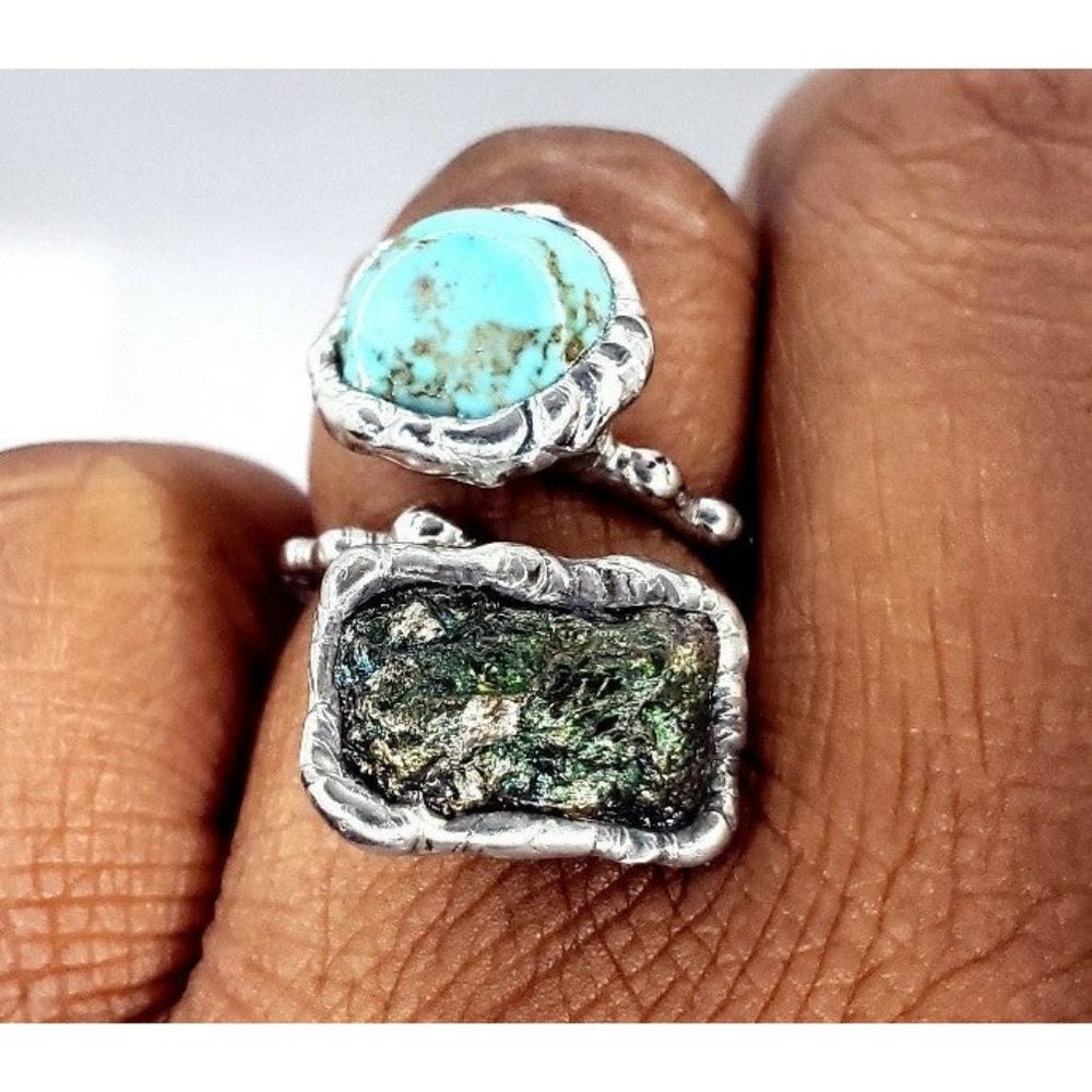 Turquoise and peacock ore adjustable ring handmade gothic boho jewelry handmade